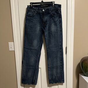 Express Men's Dark Blake Loose Fit Bootcut Jeans. 32x32